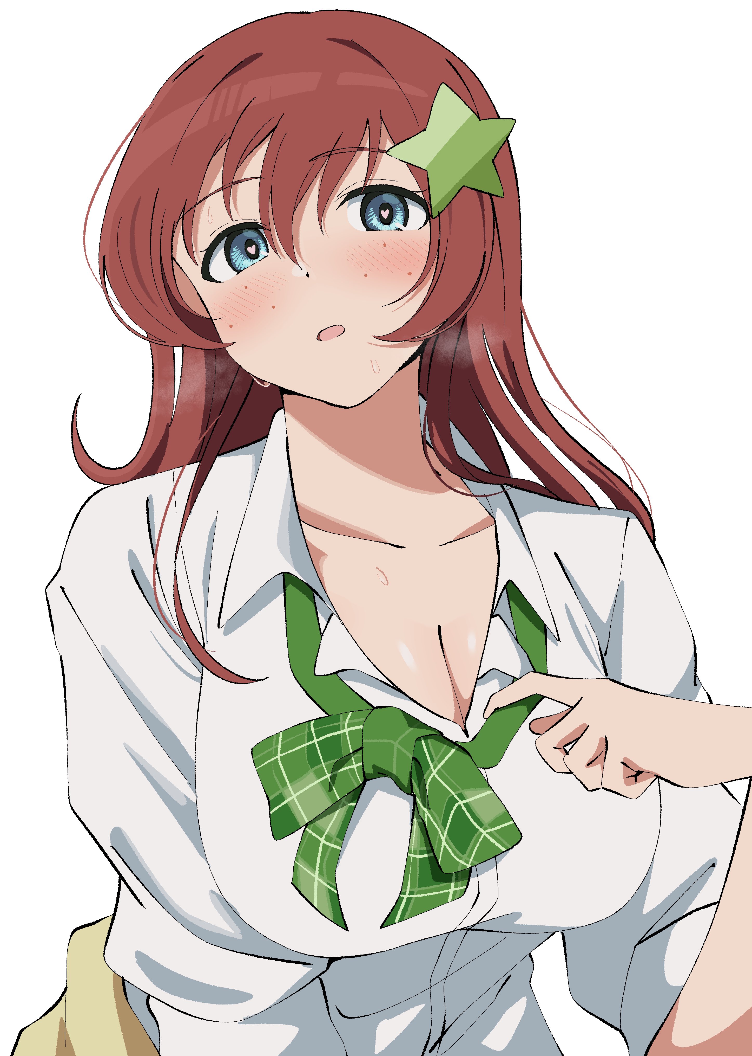 uchuu no mozuku, emma verde, love live!, love live! nijigasaki high school idol club, absurdres, highres, 1girl, blue eyes, bow, bowtie, breasts, brown hair, cleavage, collarbone, freckles, green bow, green bowtie, gyaru, gyarugasaki, heart, heart in eye, heavy breathing, kogal, large breasts, long hair, looking at viewer, loose bowtie, official alternate costume, plaid bow, plaid bowtie, plaid clothes, school uniform, shirt, simple background, solo, sweat, symbol in eye, upper body, white background, white shirt