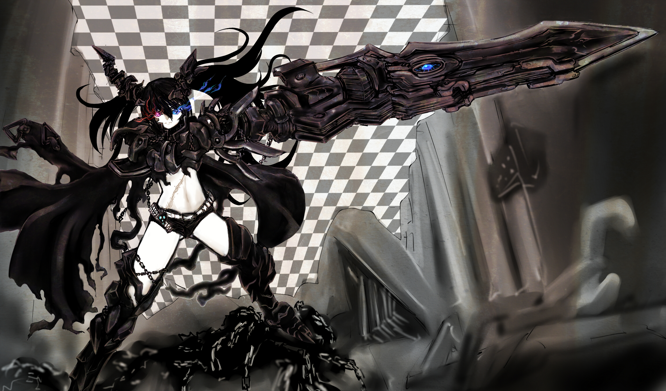 ledjoker07, insane black rock shooter, black rock shooter, highres, 10s, armor, belt, black hair, boots, chain, gauntlets, greaves, heterochromia, huge weapon, long hair, midriff, pale skin, purple eyes, scar, shorts, sketch, solo, thigh boots, thighhighs, weapon
