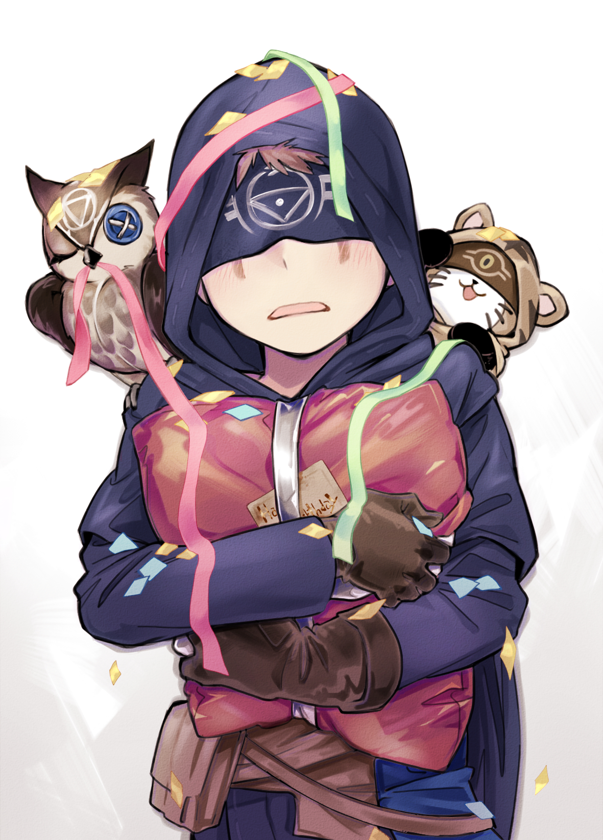 ieiieiiei, eli clark, eli clark (longing tiger), identity v, highres, 1boy, belt, belt pouch, bird, blindfold, blue capelet, blue shirt, brown belt, brown gloves, button eyes, buttons, capelet, chibi, confetti, facial mark, facing viewer, gift, gloves, holding, holding gift, hood, hood up, hooded capelet, light blush, male focus, open mouth, owl, pouch, print blindfold, ribbon, shirt, white background