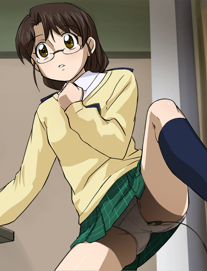 haruyama kazunori, ebihara chinami, code-e, 00s, brown hair, glasses, panties, pantyshot, plaid clothes, plaid skirt, pleated skirt, school uniform, skirt, socks, solo, underwear, upskirt, white panties, yellow eyes