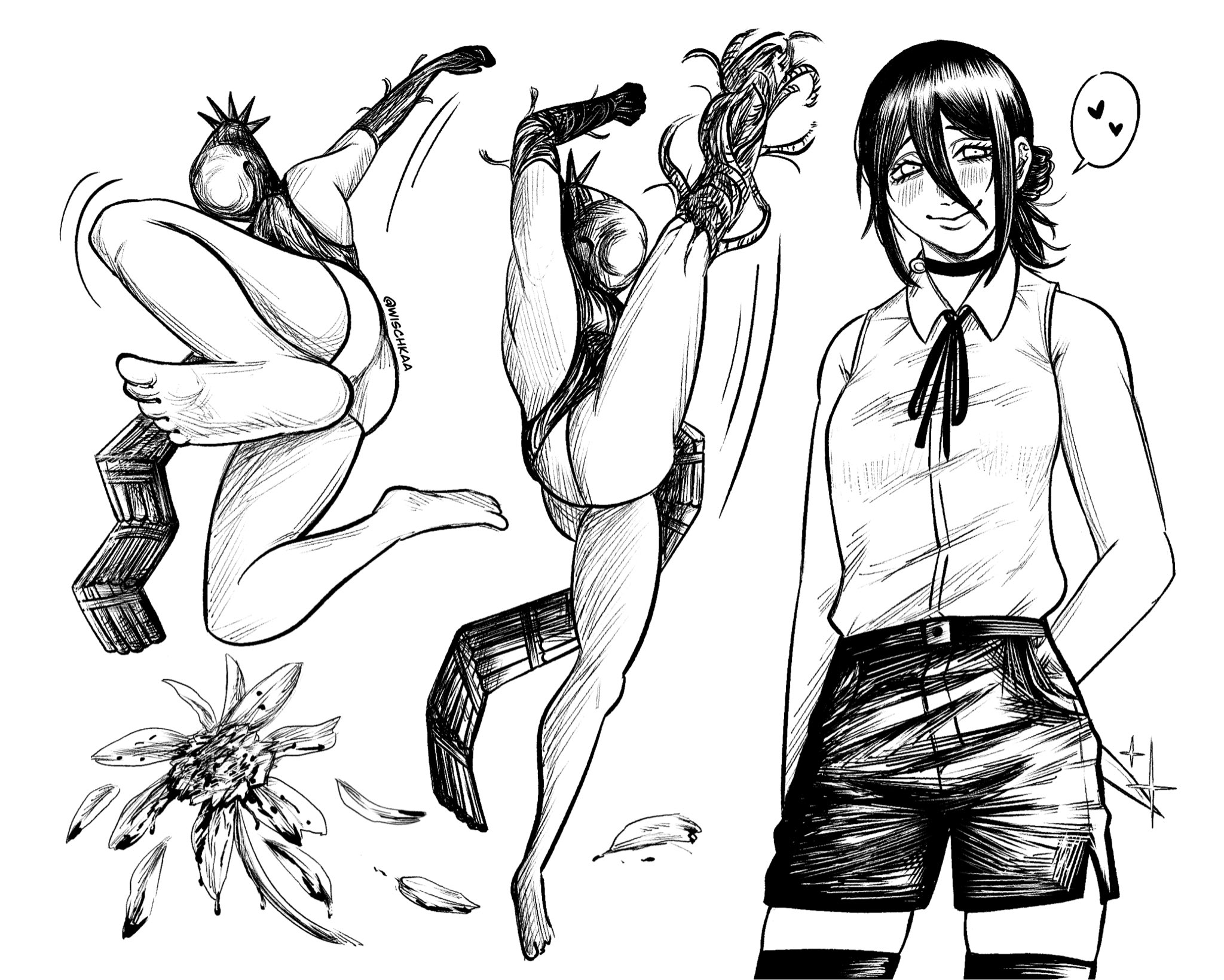 wischkaa, bomb devil (chainsaw man), reze (chainsaw man), chainsaw man, highres, 1girl, apron, artistic error, ass, choker, collared shirt, feet, flower, grenade pin, greyscale, heart, kneepits, monochrome, neck ribbon, panties, ribbon, shirt, shirt tucked in, shorts, sleeveless, sleeveless shirt, soles, speech bubble, spoken heart, thighhighs, underwear, wrong foot
