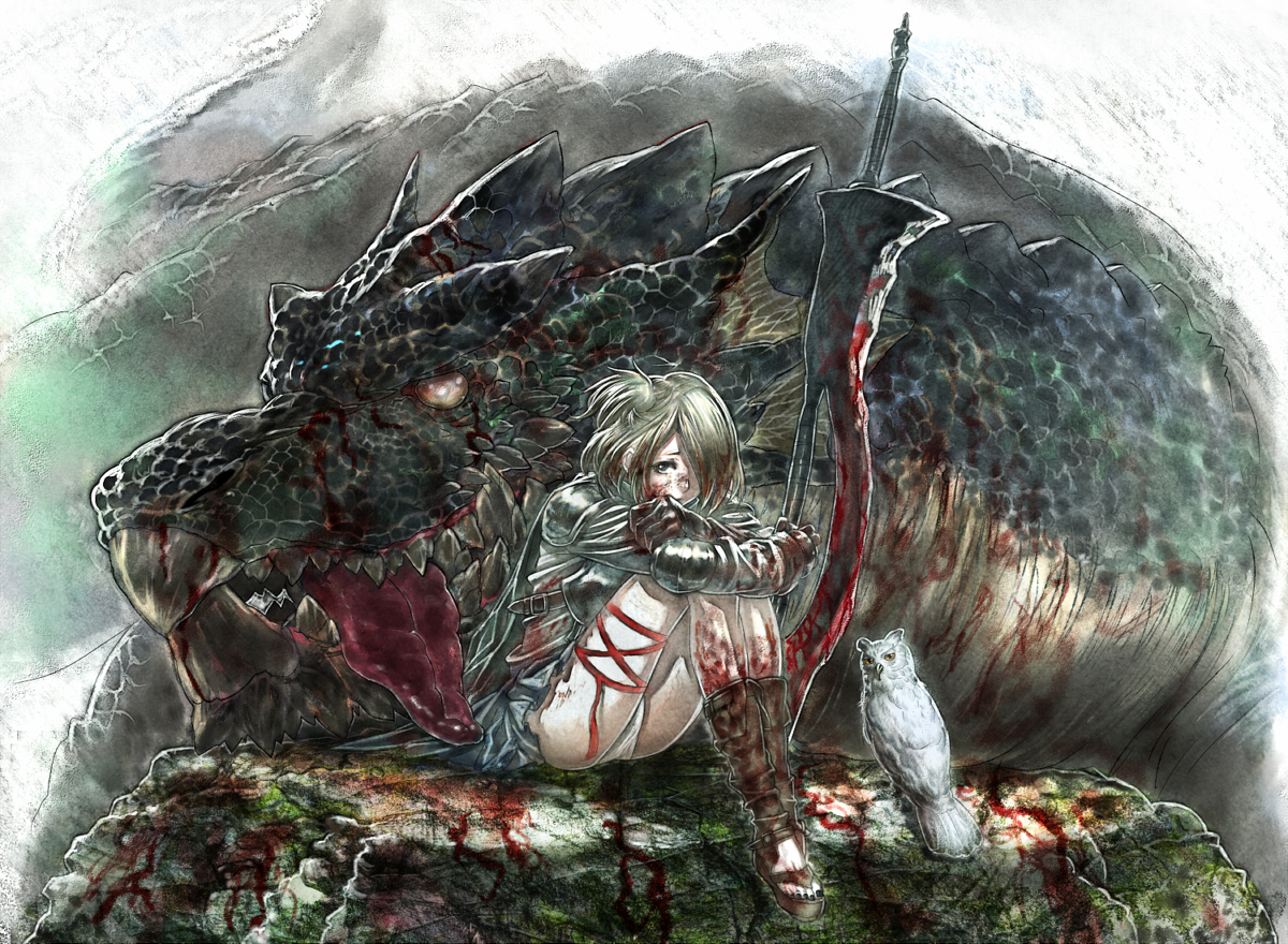 diolemonde, pixiv fantasia, pixiv fantasia 3, bird, blonde hair, blood, blue eyes, dragon, fangs, monster, owl, panties, rock, sandals, sitting, sword, tongue, underwear, weapon