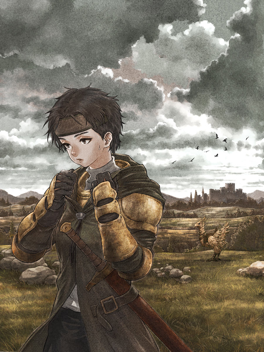 diolemonde, chocobo, meliadoul tengille, final fantasy, final fantasy tactics, highres, 1girl, bird, castle, cloak, cloud, female focus, field, gauntlets, gloves, grass, headband, sheath, short hair, sky, solo, sweatdrop, sword, weapon