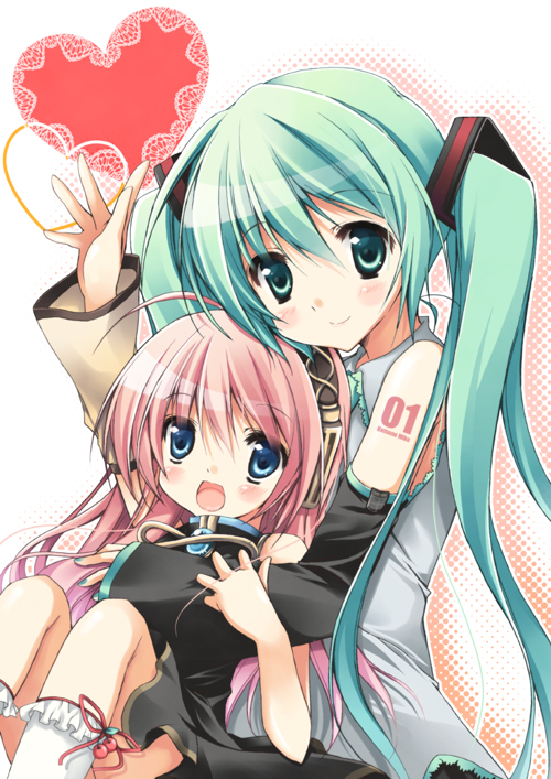 purinpurin, hatsune miku, megurine luka, vocaloid, bad id, bad pixiv id, aged down, aqua eyes, aqua hair, blue eyes, blush, chibi, detached sleeves, headphones, heart, pink hair, socks, twintails