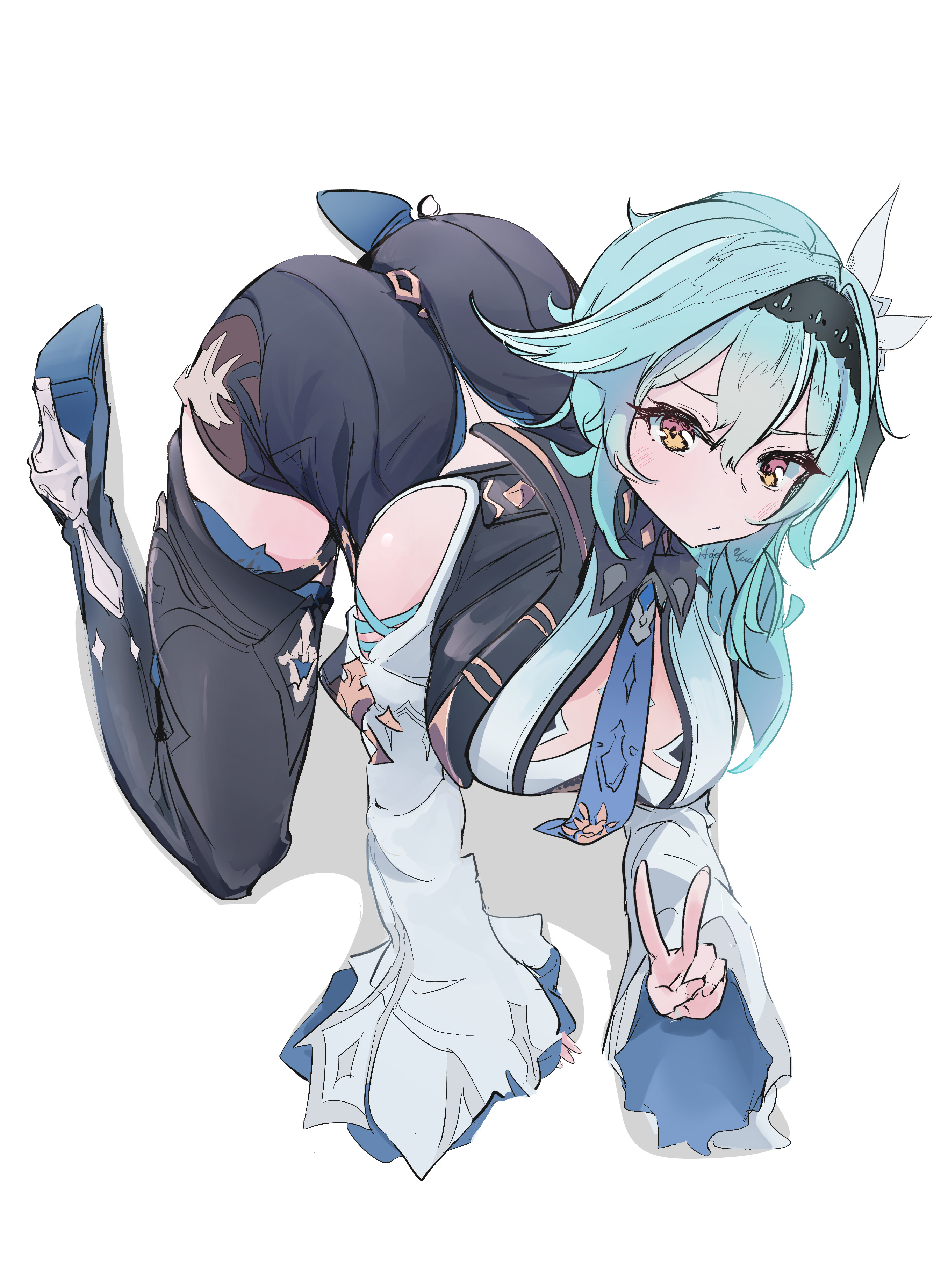 hooriyuu, eula (genshin impact), genshin impact, absurdres, commentary request, highres, 1girl, all fours, ass, black boots, black hairband, black unitard, blue hair, blue necktie, boots, breasts, from above, hairband, high heels, large breasts, long sleeves, looking at viewer, looking up, necktie, simple background, solo, thigh boots, v, white background, yellow eyes