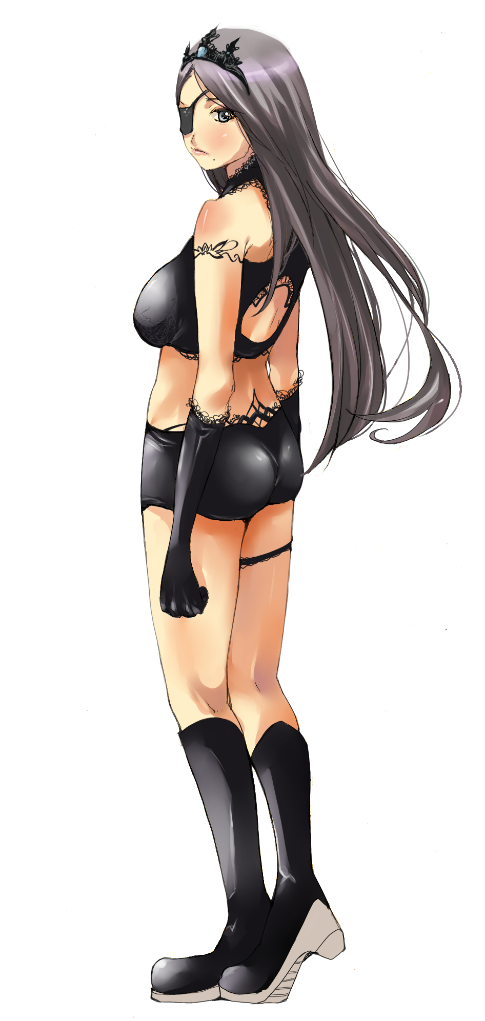 shigureteki, original, silver hair, bad id, bad pixiv id, highres, 1girl, ass, boots, bra, breasts, eyepatch, female focus, full body, gloves, grey eyes, large breasts, legs, lingerie, lips, long hair, looking back, mole, mole under mouth, solo, standing, underwear
