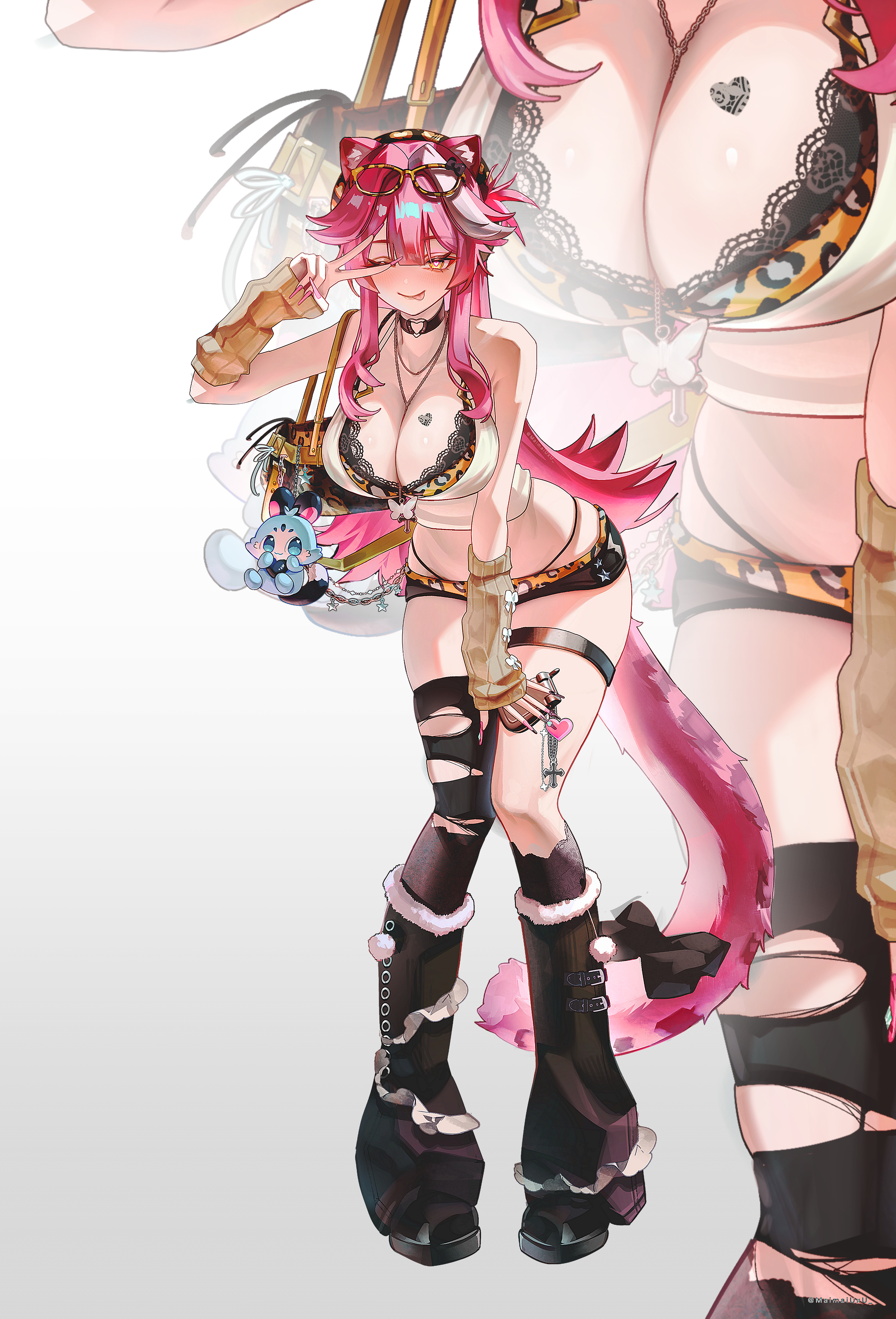 hppu8734, chattino (raora panthera), raora panthera, hololive, hololive english, absurdres, commentary, highres, 1girl, animal ears, animal print, bag, bare shoulders, between breasts, black bow, black choker, black leg warmers, black shoes, black shorts, black socks, black thighhighs, blush, bow, bow tattoo, bra, breast tattoo, breasts, brown bag, brown sleeves, butterfly necklace, cellphone, choker, cleavage, closed mouth, cross, detached sleeves, eyewear on head, fingernails, flip phone, handbag, heart, heart choker, heart in eye, heart o-ring, heart tattoo, holding, holding phone, jewelry, large breasts, leaning forward, leaning to the side, leg warmers, leopard print, leopard print bra, leopard print panties, long fingernails, long hair, looking at viewer, multicolored hair, nail polish, necklace, necklace between breasts, o-ring, o-ring choker, one eye closed, panther ears, panther girl, panther tail, panties, phone, pink hair, pink nails, pink tail, print bra, print panties, ribbed sleeves, shirt, shoes, shorts, single thighhigh, smile, socks, streaked hair, symbol in eye, tail, tattoo, thighhighs, thighs, tongue, tongue out, torn clothes, torn thighhighs, twitter username, underwear, v, v over eye, virtual youtuber, white background, white bow, white shirt, yellow-framed eyewear, yellow bra, yellow eyes, yellow panties, zoom layer