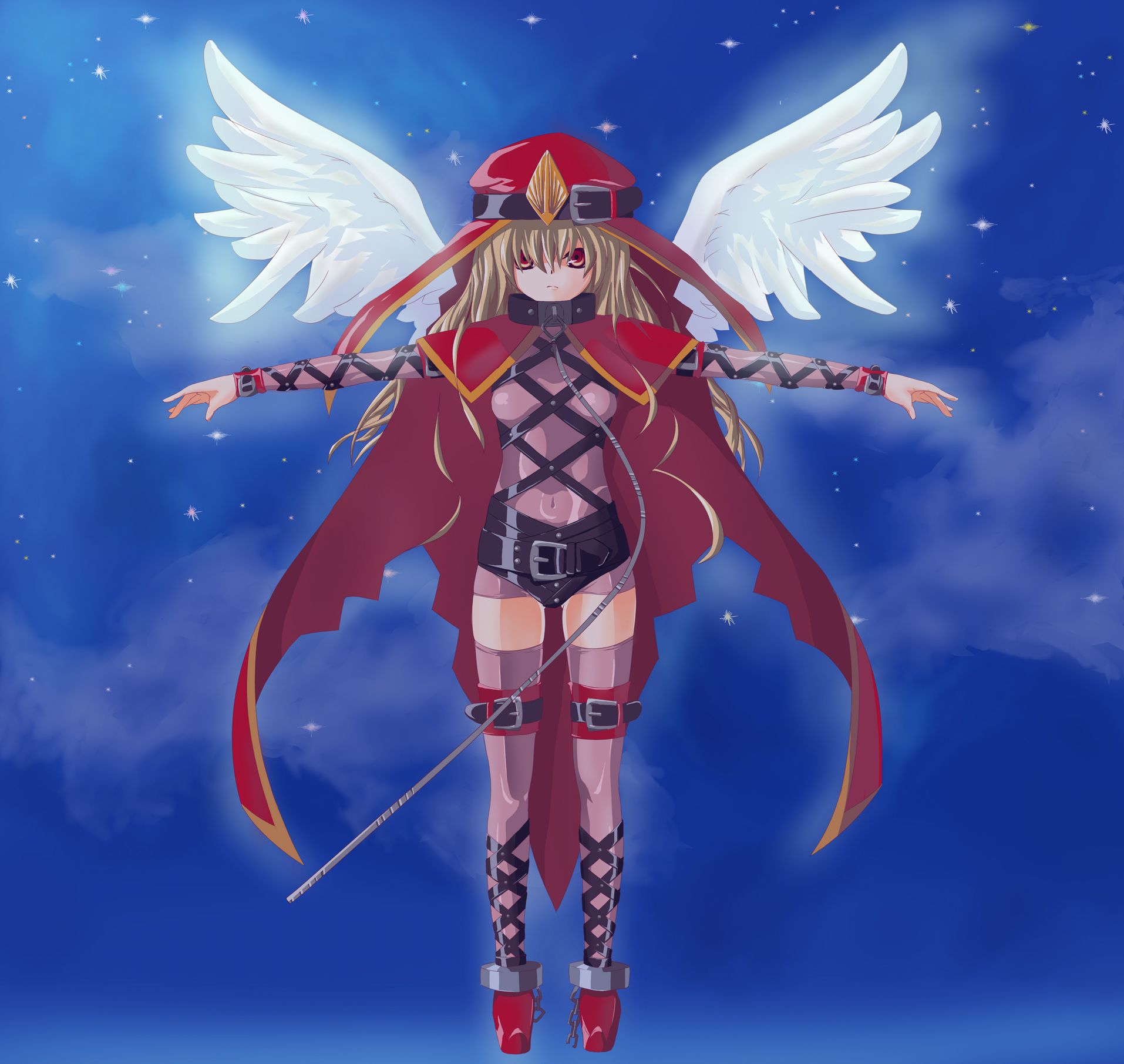 kinoto (ruindivinity), archangel gabriel, sasha kruschschev, toaru majutsu no index, habit, highres, 00s, 1girl, angel, ankle cuffs, blonde hair, blue background, bondage outfit, breasts, cape, chain, cloud, cloudy sky, collar, covered navel, fantasy, feathered wings, feathers, female focus, flying, full body, glowing, glowing wings, hat belt, leash, long hair, magic, medium breasts, night, night sky, nun, outdoors, red cape, red eyes, shoes, sky, solo, sparkle, star (sky), starry sky, t-pose, thigh strap, thighhighs, wings