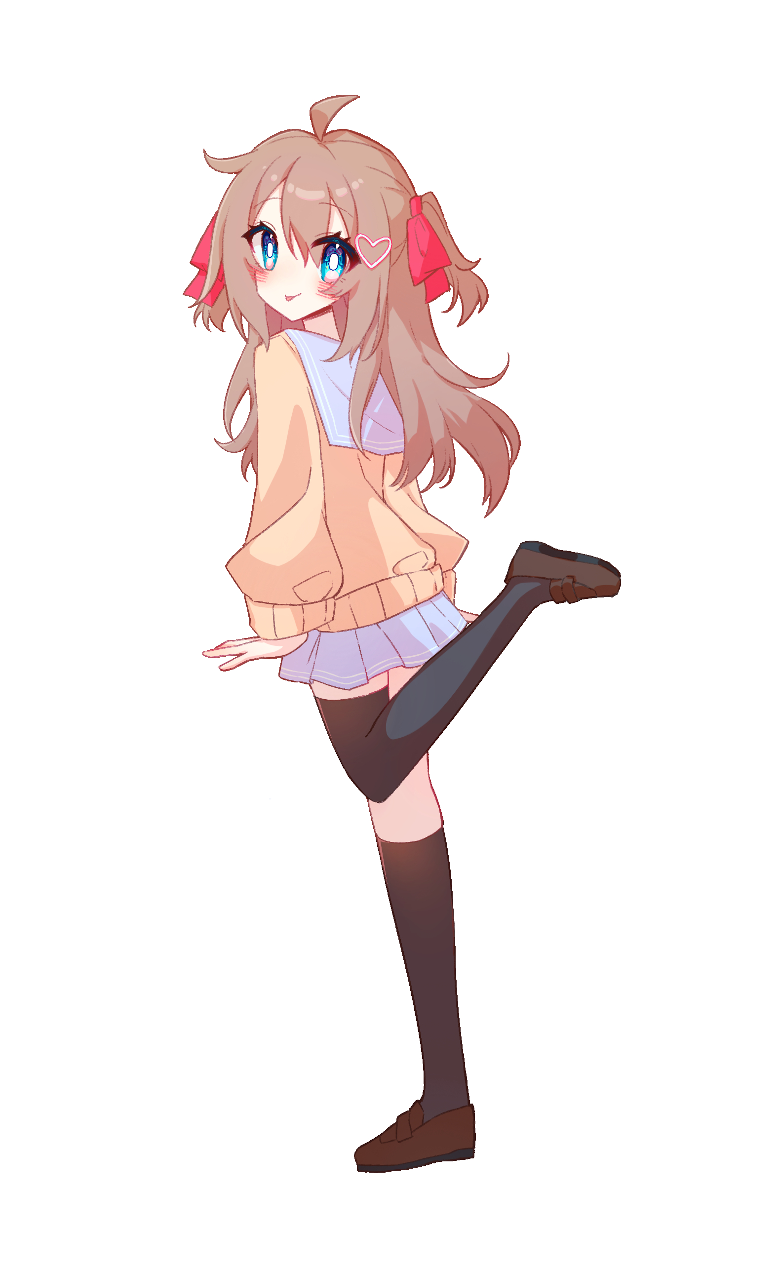 neuro-sama, absurdres, commentary request, highres, 1girl, ahoge, animal ears, aqua bow, asymmetrical legwear, black shoes, black socks, black thighhighs, blue eyes, blue sailor collar, blue skirt, bow, brown hair, brown shoes, cardigan, closed mouth, from behind, full body, hair between eyes, hair ornament, hair ribbon, heart, heart hair ornament, long hair, long sleeves, looking at viewer, miniskirt, red ribbon, ribbon, sailor collar, shoes, simple background, single sock, single thighhigh, skirt, socks, solo, standing, standing on one leg, tail, tail bow, tail ornament, thighhighs, tongue, tongue out, two side up, uneven legwear, user hmyv8473, vedal ai, virtual youtuber, white background, yellow cardigan