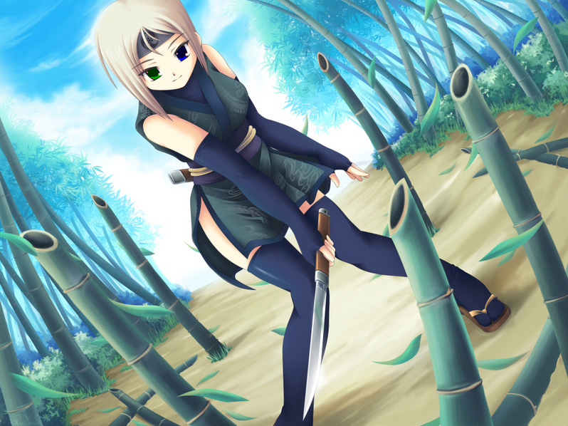 bamboo, blonde hair, machete, multicolored eyes, ninja, short hair, smile, white hair