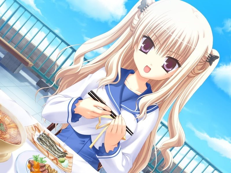 kobuichi, hibarigaoka yuki, bra-ban!, character request, 1girl, blonde hair, chopsticks, curly hair, female focus, long hair, outdoors, purple eyes, school uniform, sky, solo