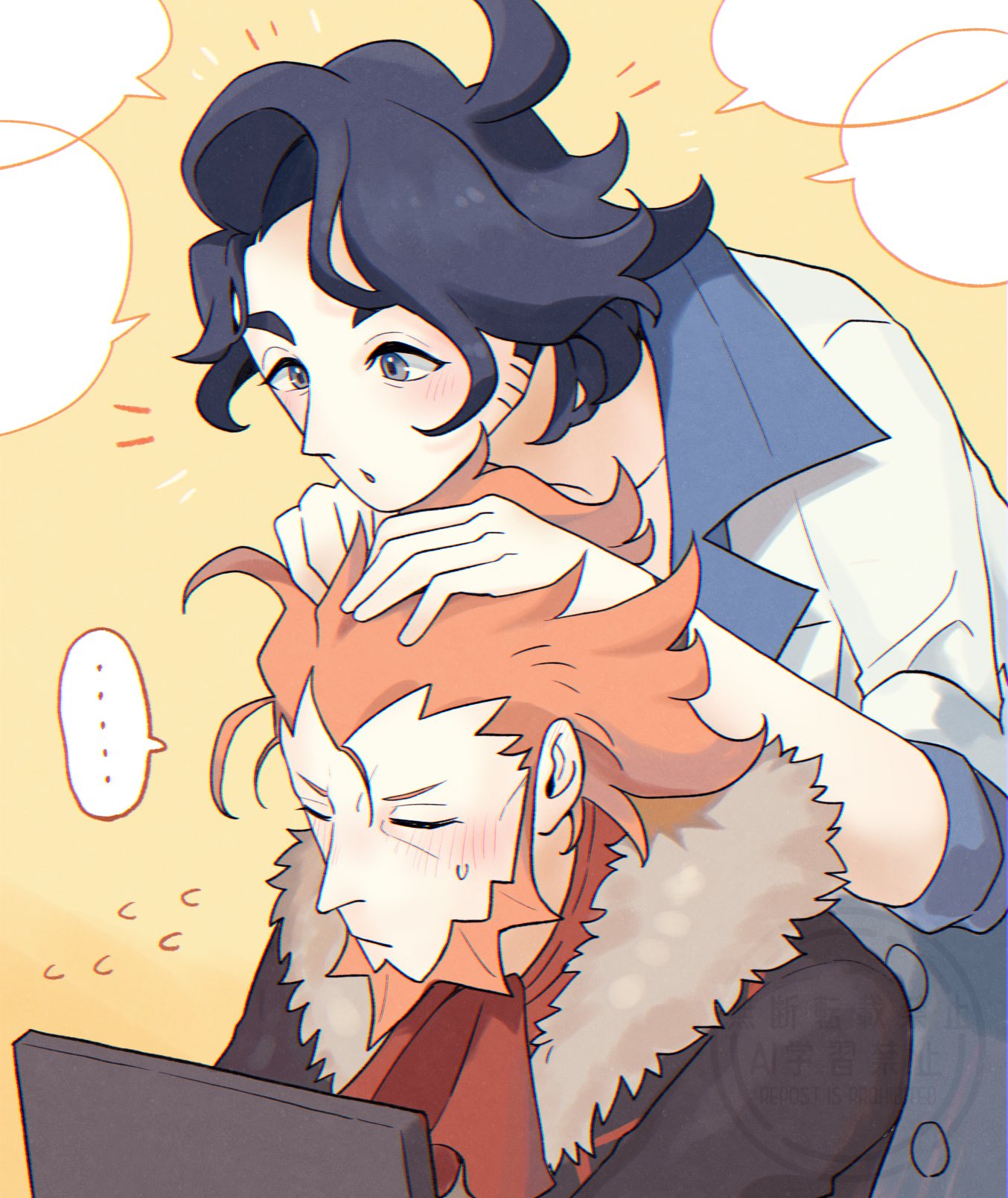 gohan (horth-waribasi), lysandre (pokemon), professor sycamore, nintendo, pokemon, pokemon xy, commentary request, highres, …, 2boys, :o, ascot, beard, black hair, black jacket, blank speech bubble, blue eyes, closed eyes, closed mouth, coat, computer, facial hair, flying sweatdrops, fur-trimmed jacket, fur trim, hands in another's hair, jacket, lapels, laptop, long sleeves, male focus, multiple boys, orange hair, parted hair, red ascot, short sideburns, sideburns stubble, speech bubble, spoken ellipsis, stubble, white coat, yellow background
