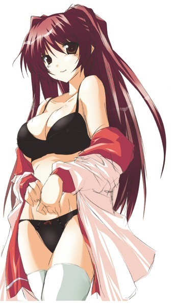 kousaka tamaki, to heart (series), to heart 2, 00s, bra, breasts, brown eyes, cleavage, lingerie, long hair, red hair, thighhighs, underwear