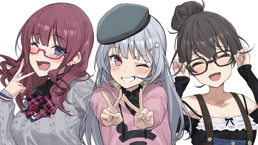 yappen, hanakuma chifuyu, koharu rikka, natsuki karin, synthesizer v, 3girls, ;d, ^ ^, alternate costume, alternate hairstyle, barbell piercing, black-framed eyewear, blush, bow, bowtie, breasts, brown hair, closed eyes, double v, drawstring, ear piercing, glasses, green hat, grey hair, grey sweater, grin, hair between eyes, hair bun, hair ornament, hairclip, hat, hood, hoodie, long hair, mole, mole under eye, multiple girls, one eye closed, open mouth, piercing, pink eyes, pink hoodie, plaid bow, plaid bowtie, plaid clothes, purple eyes, red-framed eyewear, red bow, red bowtie, red hair, semi-rimless eyewear, simple background, smile, sweater, teeth, tongue, v, white background