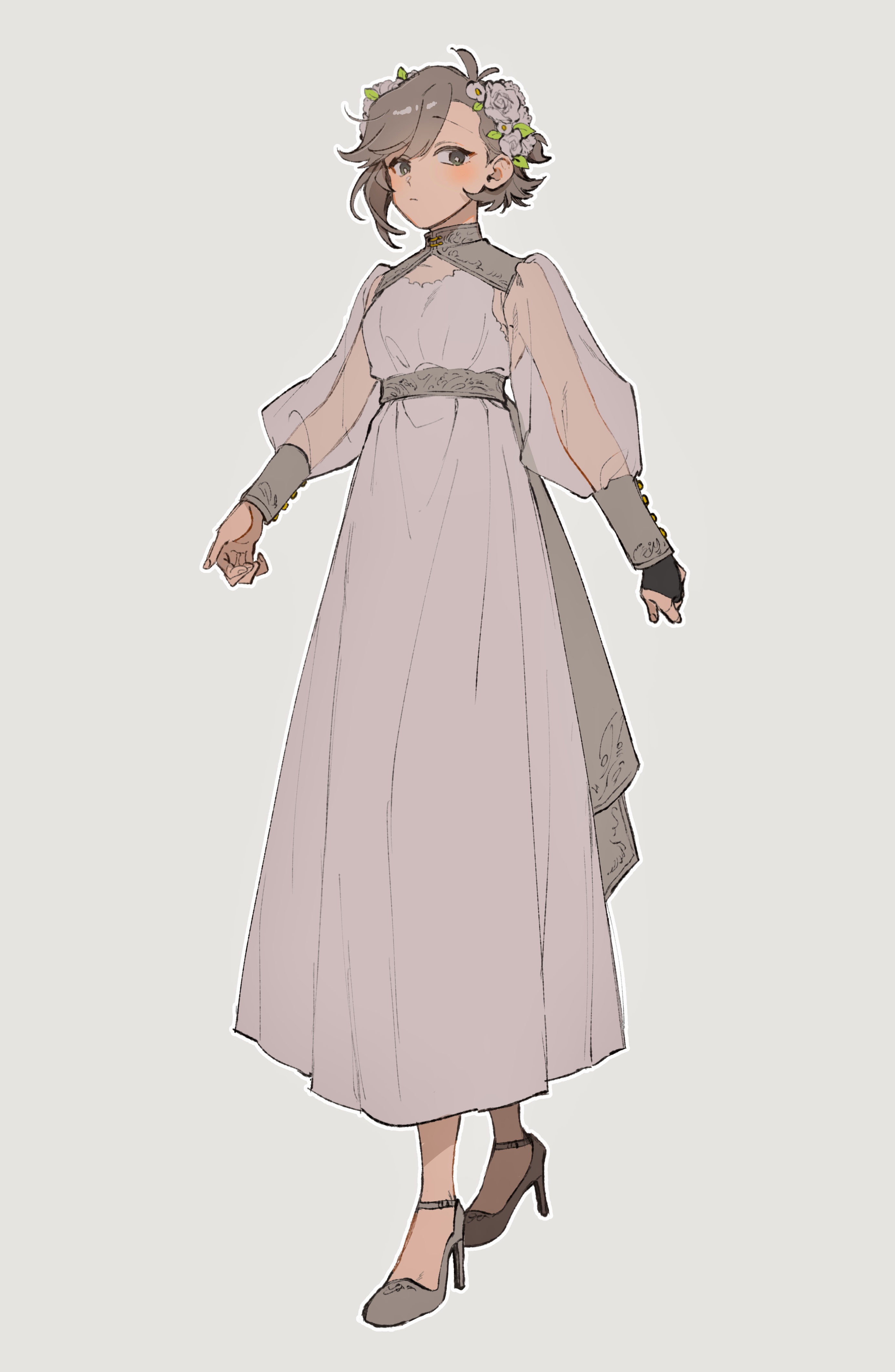 kabane (rjev8385), original, absurdres, commentary request, highres, 1girl, antenna hair, asymmetrical bangs, bracer, bridal gauntlets, closed mouth, dress, flower, full body, grey background, grey eyes, grey hair, grey shoes, hair flower, hair ornament, high heels, long sleeves, puffy long sleeves, puffy sleeves, sash, see-through clothes, see-through sleeves, shoes, short hair, simple background, single bridal gauntlet, solo, standing, swept bangs, waist sash, white dress
