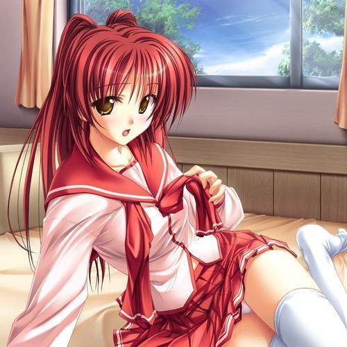 kousaka tamaki, to heart (series), to heart 2, lowres, 00s, bed, blush, brown hair, long hair, red hair, school uniform, thighhighs