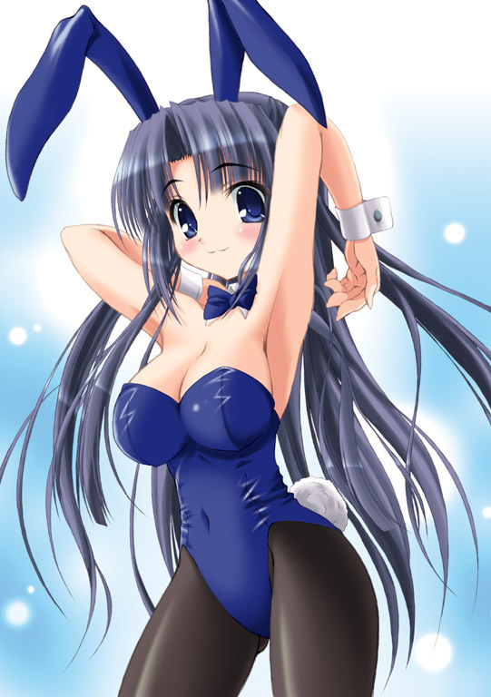 asakura ryoko, suzumiya haruhi no yuuutsu, 00s, blue eyes, blush, breasts, cleavage, cuff links, long hair, pantyhose, playboy bunny, purple hair, smile