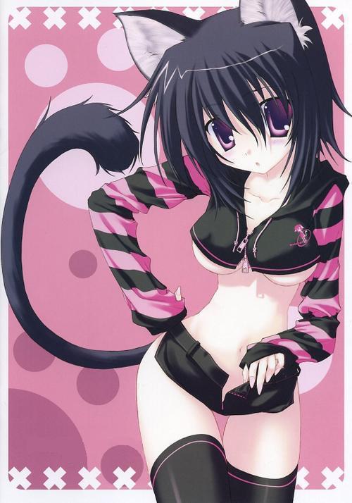 animal ears, black hair, blush, cat ears, cat tail, hand on own hip, hip focus, navel, purple eyes, short hair, tail, thighhighs