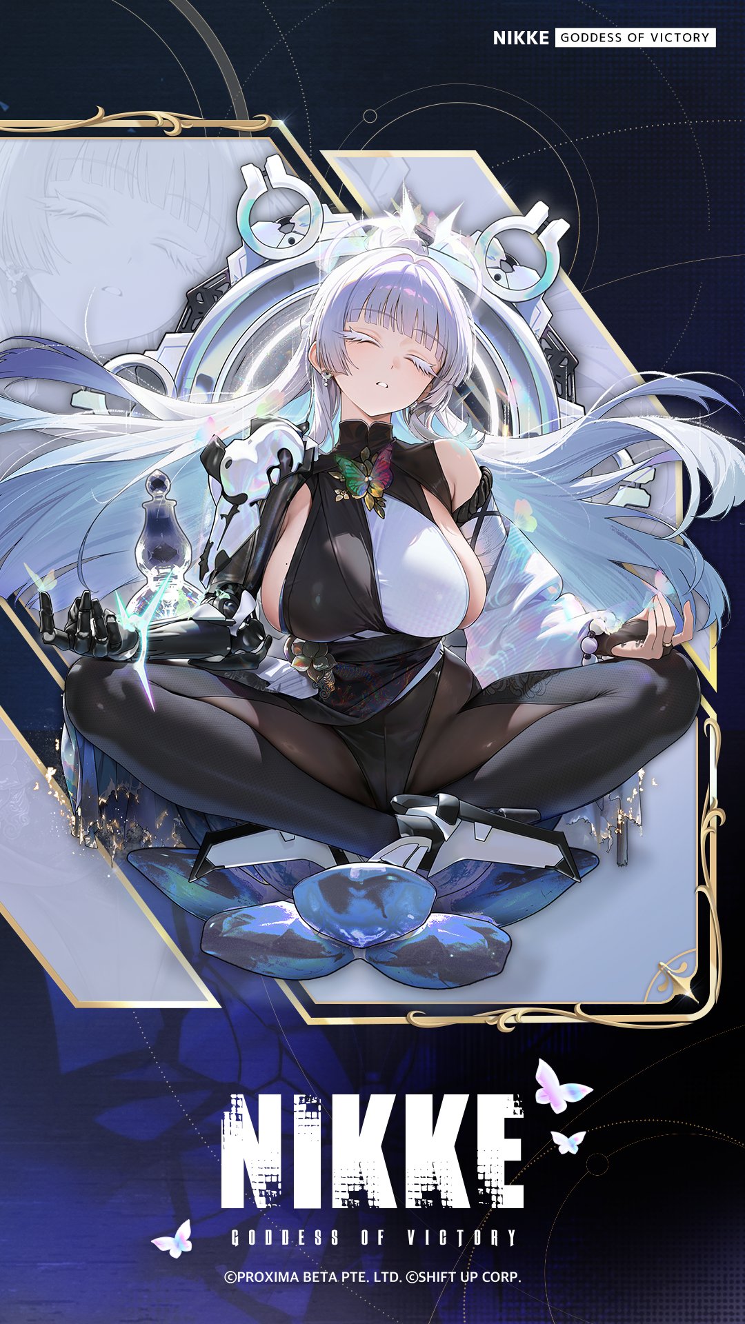 nayuta (nikke), goddess of victory: nikke, artist request, commentary, english commentary, highres, official art, second-party source, 1girl, bead bracelet, beads, black leotard, blunt bangs, bracelet, breasts, bridal gauntlets, butterfly ornament, closed eyes, copyright name, earrings, floating hair, grey hair, hair intakes, indian style, jewelry, leotard, long hair, long sleeves, machinery, mechanical arms, mole, mole on breast, mole under eye, parted lips, sideboob, single mechanical arm, sitting, skindentation, solo, torn clothes, very long hair, wide sleeves, zoom layer