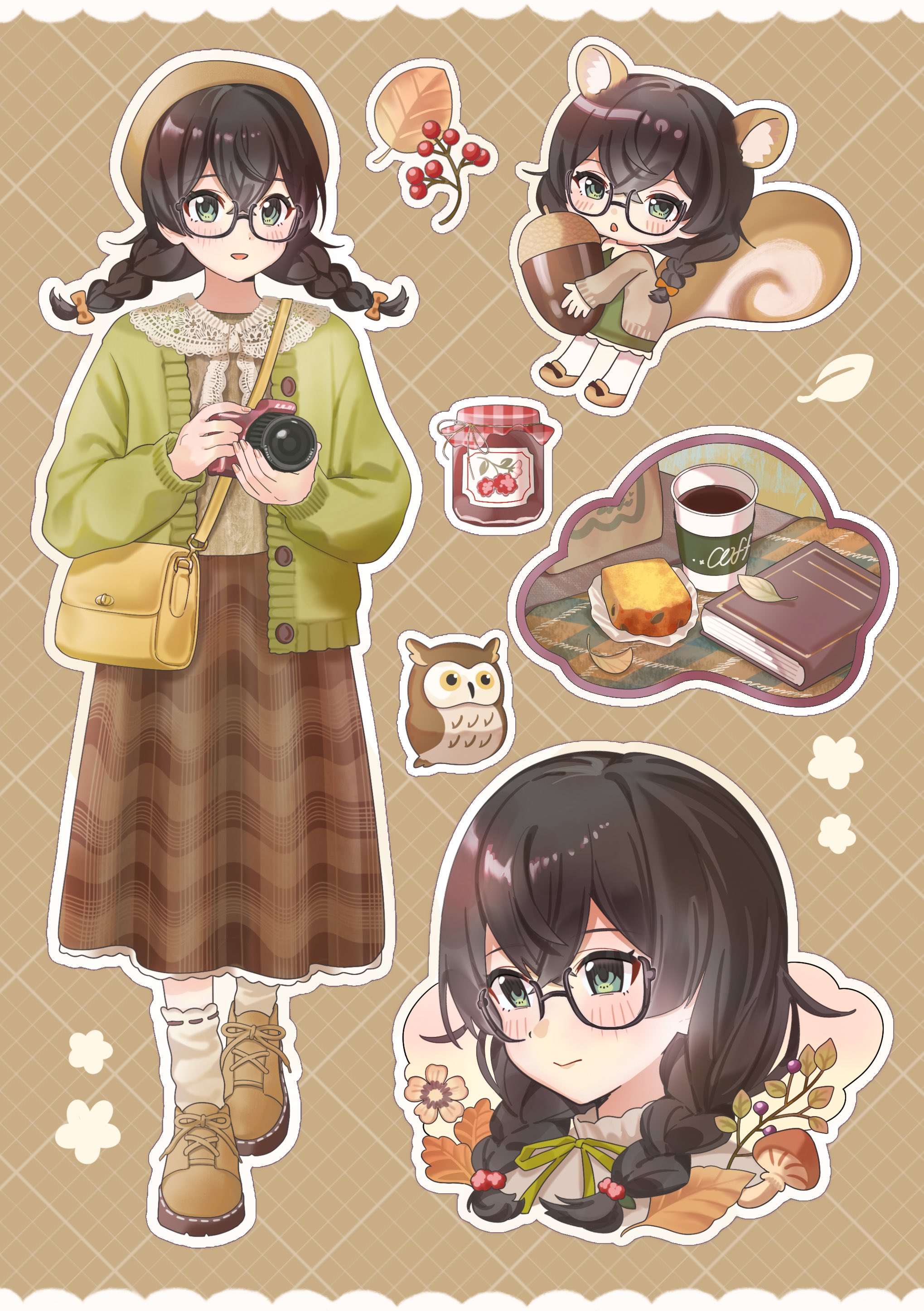 kaninoto, hanakuma chifuyu, synthesizer v, absurdres, commentary request, highres, 1girl, animal ears, bag, beret, bird, black-framed eyewear, blush, book, braid, brown background, brown hair, brown hat, brown shirt, brown shoes, brown skirt, brown socks, camera, cardigan, chibi, cup, disposable coffee cup, disposable cup, food, full body, glasses, green cardigan, green eyes, hair between eyes, hat, holding, holding acorn, holding camera, jam, jar, leaf, long skirt, looking at viewer, medium hair, multiple views, open cardigan, open clothes, outline, owl, pleated skirt, shirt, shoes, shoulder bag, skirt, socks, squirrel ears, squirrel girl, squirrel tail, sticker sheet (medium), tail, twin braids, white outline, yellow bag