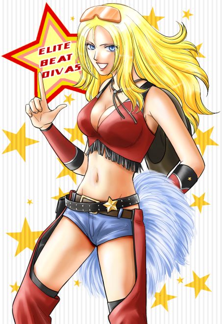 kaoruko maya, maya kaoruko, starr, elite beat agents, osu! tatakae! ouendan, 1girl, blonde hair, blue eyes, breasts, chaps, cheerleader, cleavage, cowboy hat, cowboy western, female focus, fringe trim, hat, large breasts, midriff, navel, pom pom (cheerleading), shorts, solo, sunglasses