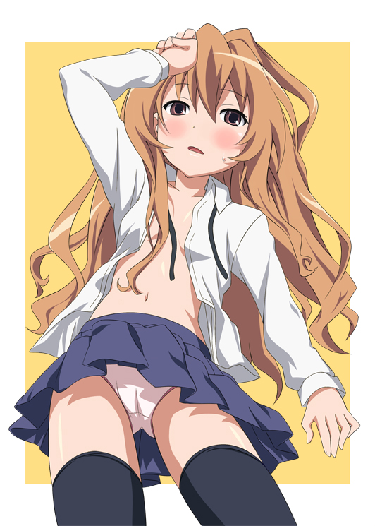 rutarou, aisaka taiga, toradora!, bad id, bad pixiv id, 00s, 1girl, blush, brown eyes, brown hair, female focus, flat chest, long hair, open clothes, open shirt, panties, pantyshot, shirt, solo, thighhighs, underwear, upskirt, white panties
