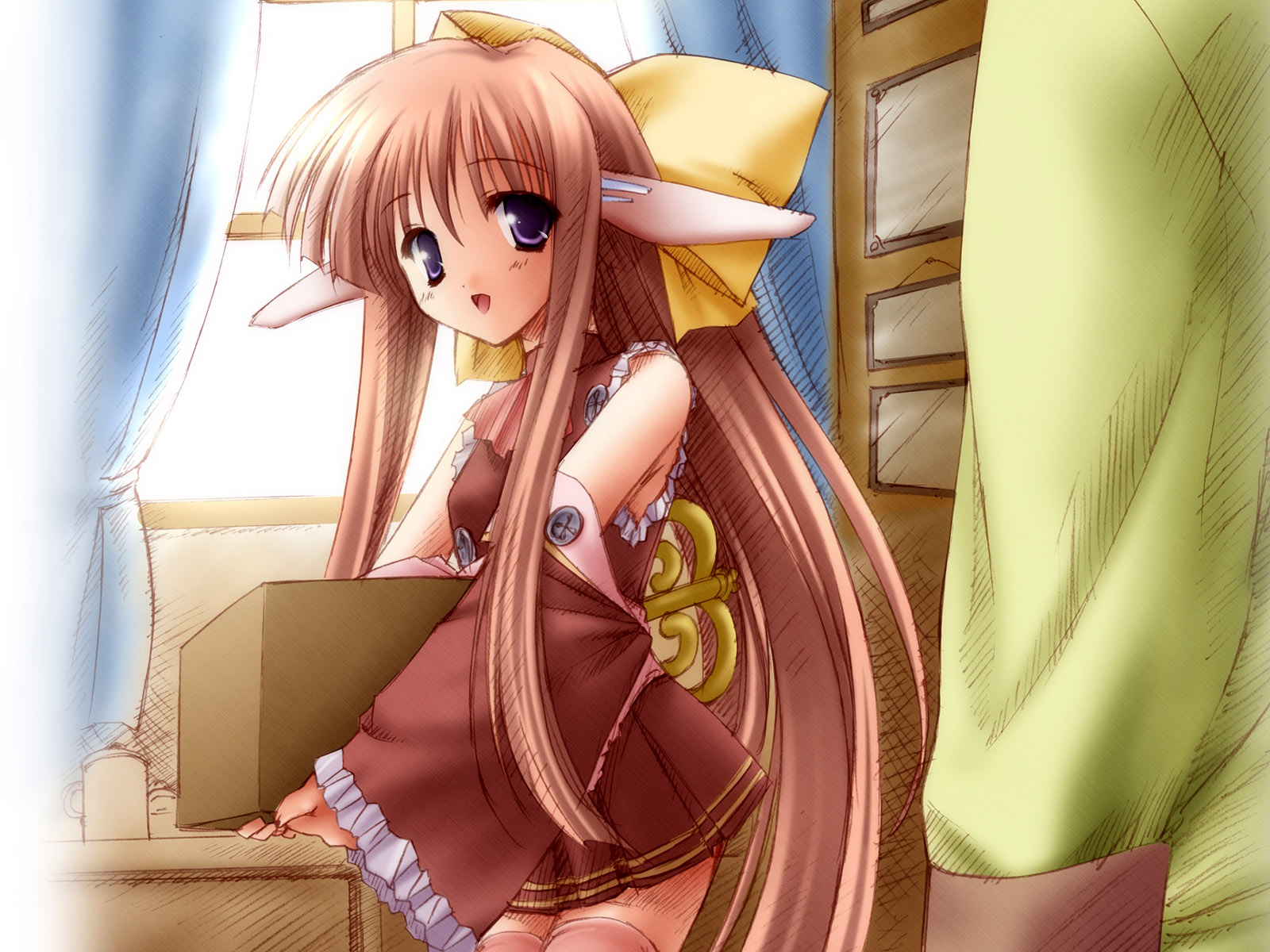 moekibara fumitake, kanana, platinum wind, highres, 1girl, androgynous, bow, box, brown hair, carrying, detached sleeves, female focus, hair bow, hair ornament, happy, indoors, long hair, miniskirt, open mouth, pink hair, pink thighhighs, pleated skirt, pointy ears, purple eyes, robot ears, skirt, smile, solo, standing, thighhighs, very long hair, winding key, window, zettai ryouiki