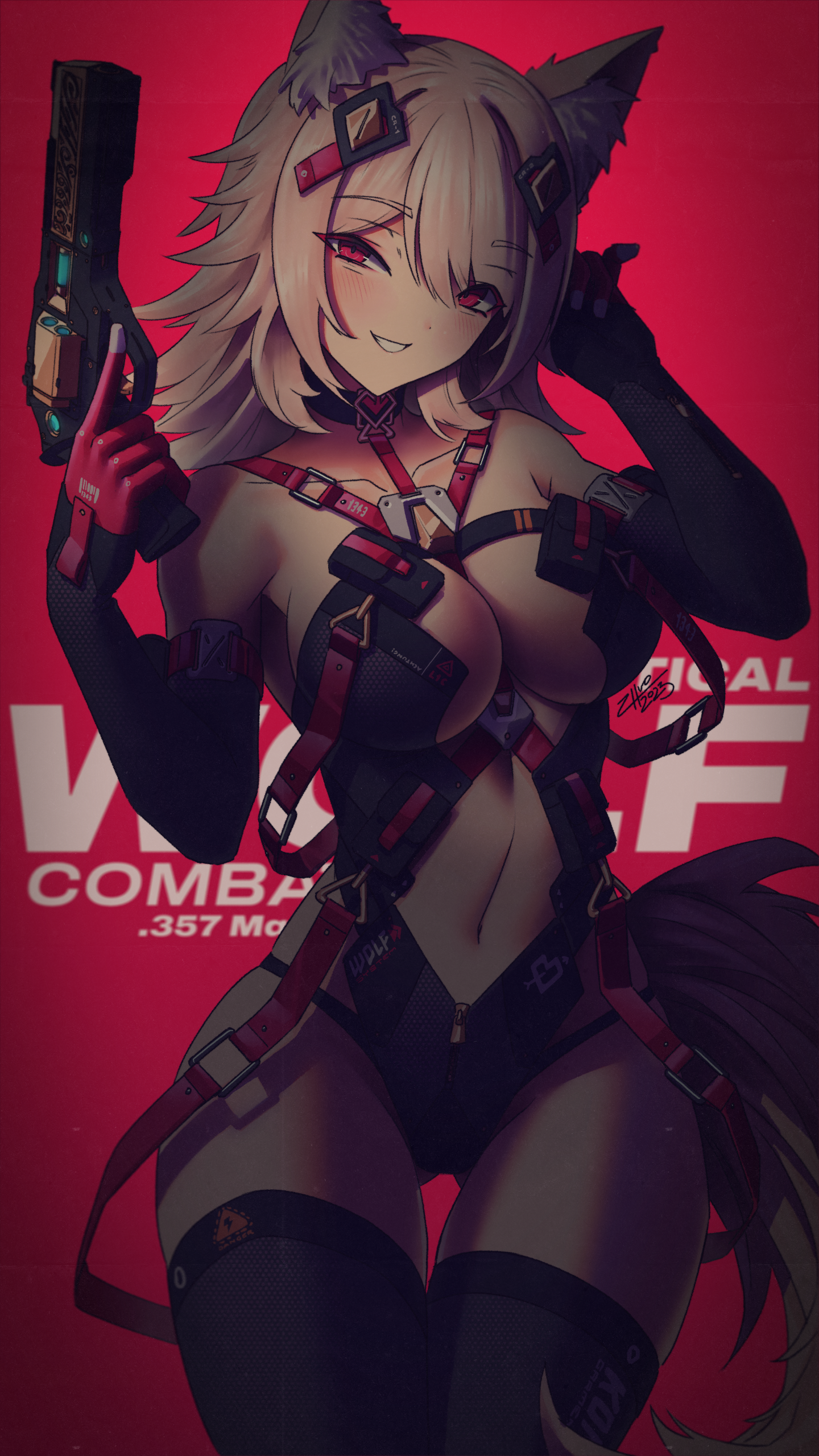 zhvo, original, absurdres, commission, highres, 1girl, animal ear fluff, animal ears, arm up, black choker, black gloves, black thighhighs, blush, breasts, brown tail, choker, collarbone, cowboy shot, detached sleeves, gloves, gluteal fold, gun, hand up, handgun, holding, holding gun, holding weapon, large breasts, navel, red background, red eyes, red gloves, smile, tail, teeth, thighhighs, thighs, two-tone gloves, weapon
