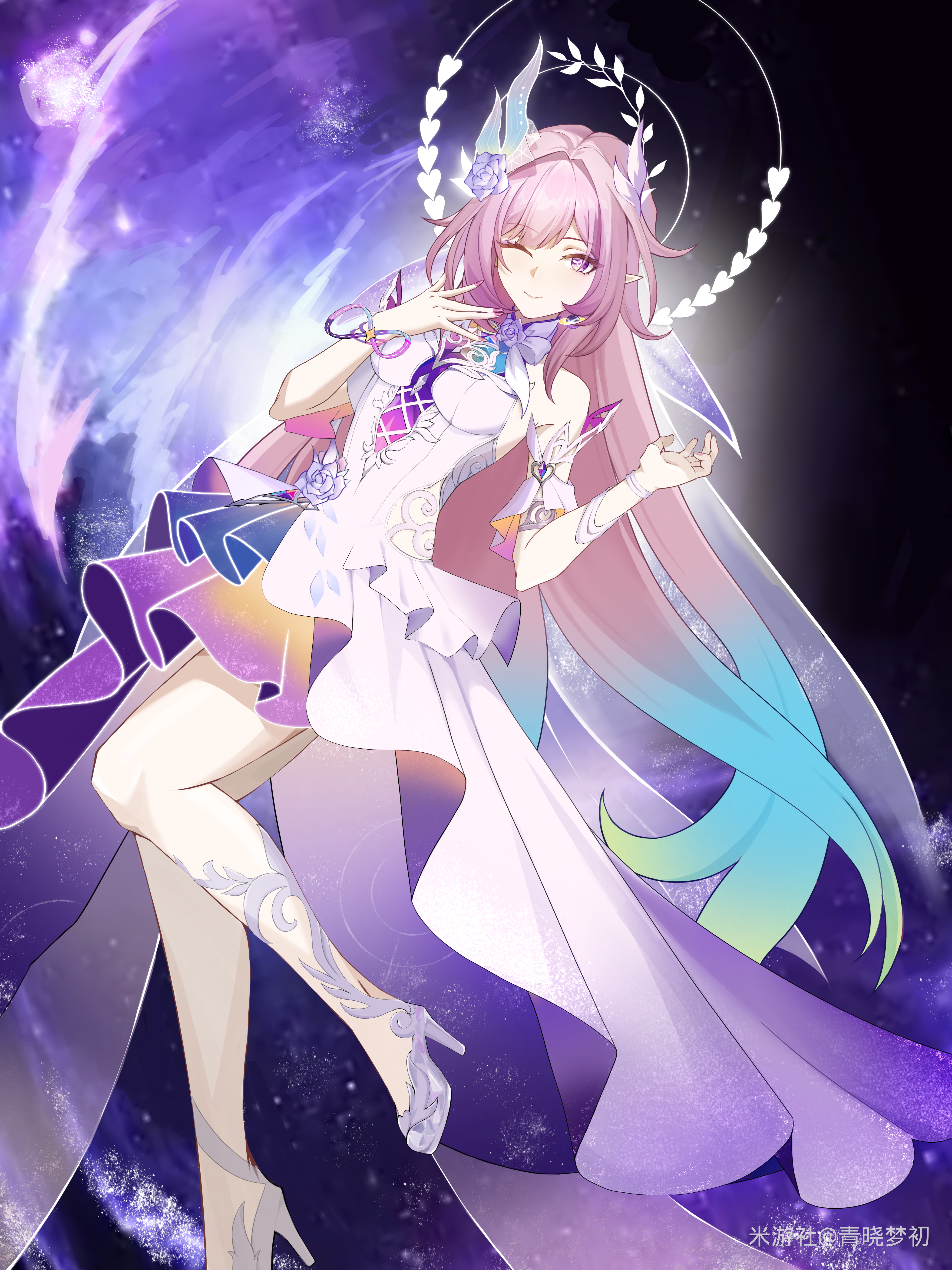cyrene (honkai: star rail), cyrene (ripples of past reverie) (honkai: star rail), honkai: star rail, honkai (series), absurdres, chinese commentary, commentary request, highres, 1girl, ;), aqua hair, bare shoulders, breasts, diamond-shaped pupils, diamond (shape), dress, earrings, flower, gradient hair, hair flower, hair ornament, halo, jewelry, long hair, looking at viewer, medium breasts, miyoushe watermark, multicolored hair, one eye closed, pink hair, pointy ears, purple eyes, qing xiao meng chu, smile, solo, space, symbol-shaped pupils, thighs, very long hair, watermark, white dress