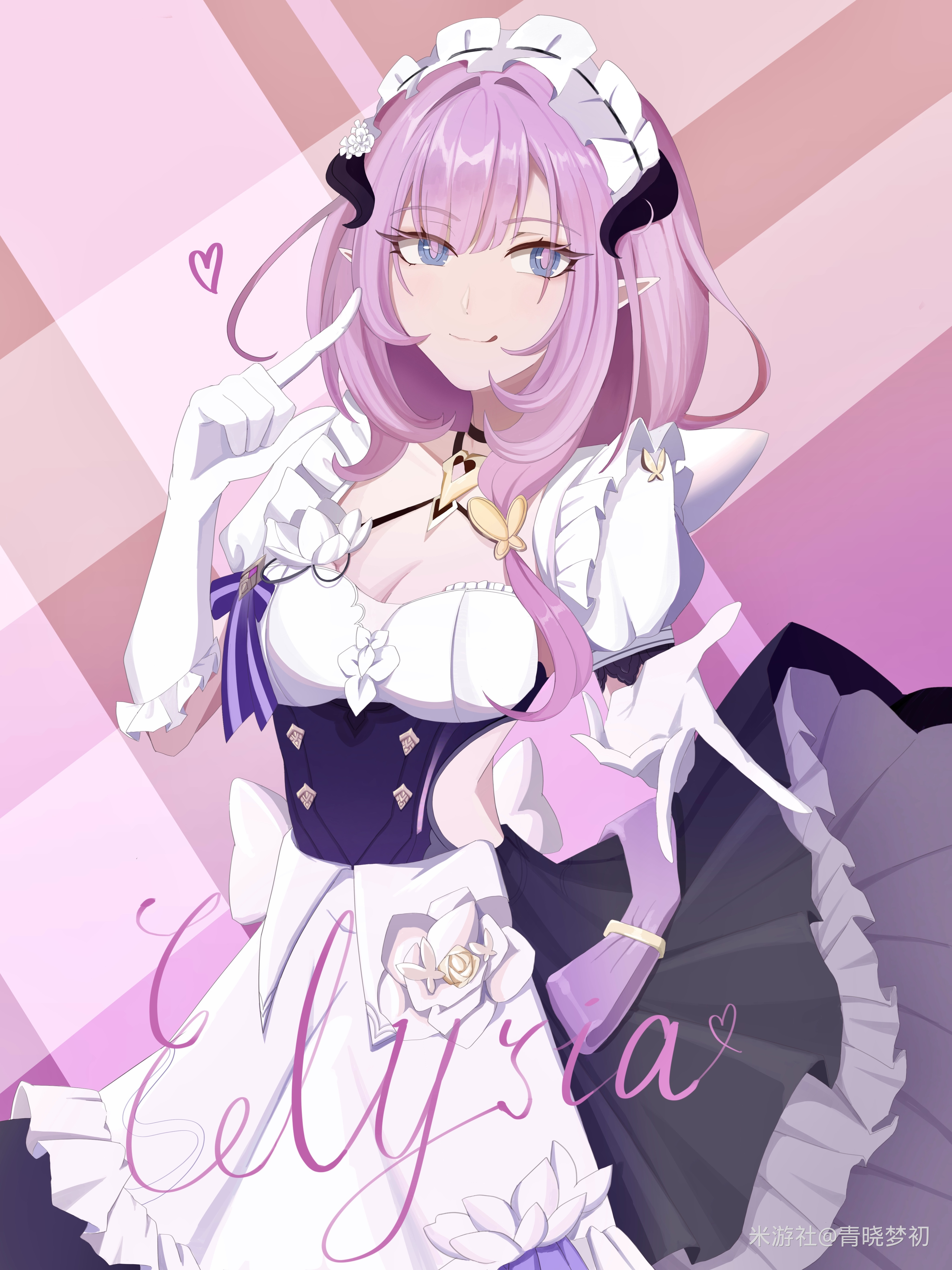 elysia (honkai impact), elysia (miss pink) (honkai impact), elysia (miss pink elf) (honkai impact), honkai (series), honkai impact 3rd, absurdres, chinese commentary, commentary request, highres, 1girl, apron, blue eyes, breasts, butterfly hair ornament, cleavage, clothing cutout, colorful background, elf, fake horns, gloves, hair ornament, horns, large breasts, looking at viewer, maid, maid headdress, miyoushe watermark, official alternate costume, pink hair, pointy ears, puffy short sleeves, puffy sleeves, qing xiao meng chu, short sleeves, side cutout, smile, solo, watermark, white apron, white gloves