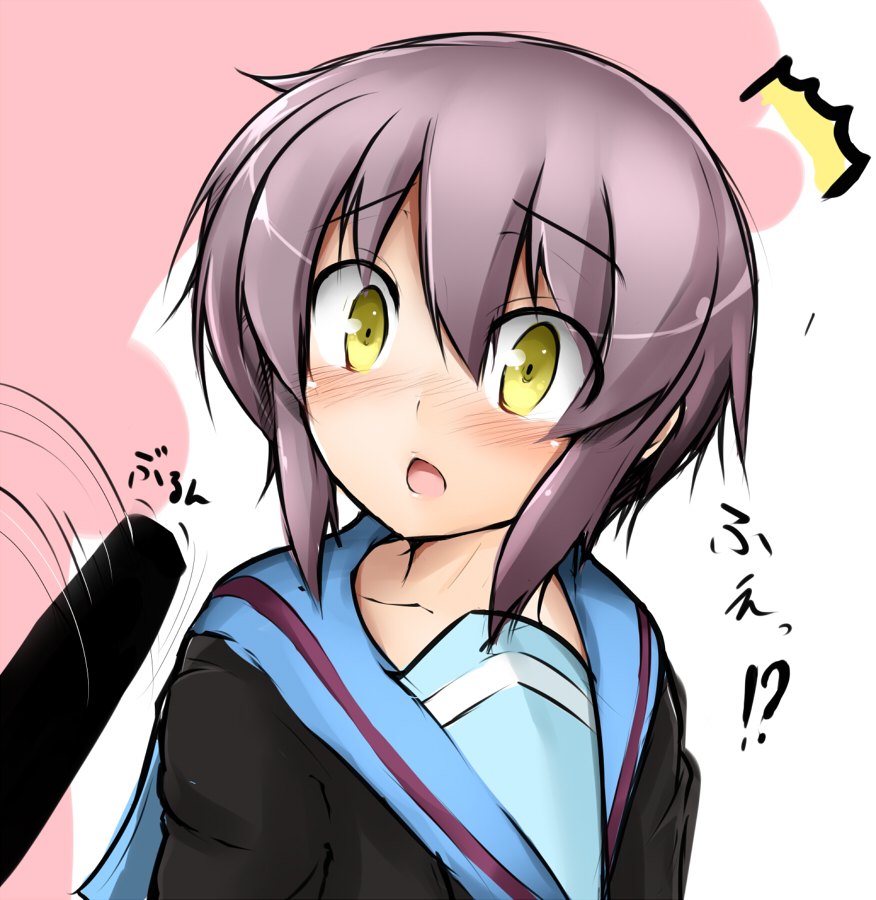 surikogi, nagato yuki, suzumiya haruhi no yuuutsu, 00s, blush, brown hair, cardigan, open mouth, school uniform, serafuku, short hair, solo, surprised, yellow eyes