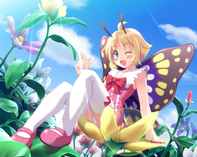 arthropod girl, blonde hair, blue eyes, blush, garden, happy, short hair, sitting, wings, wink