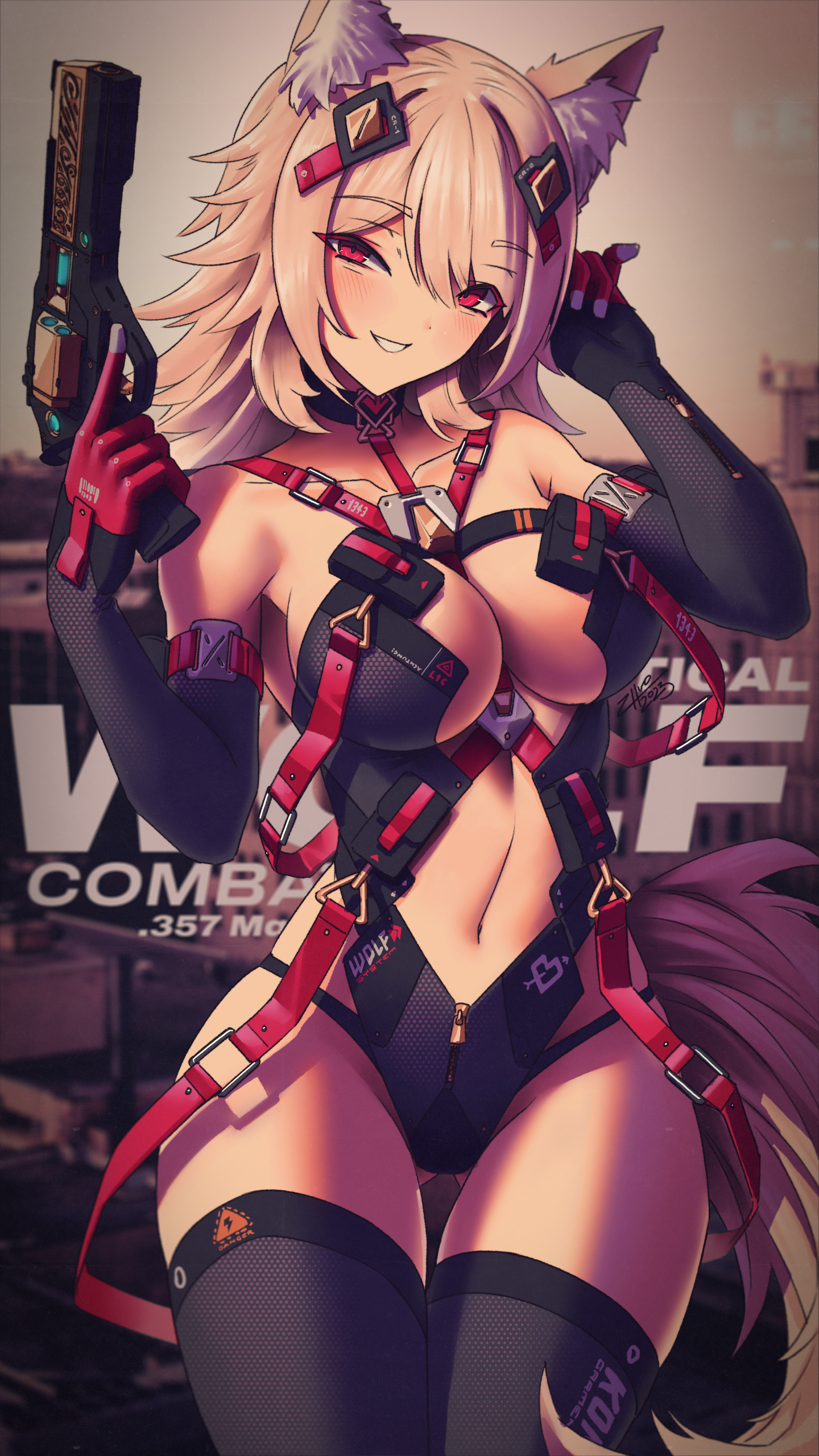 zhvo, original, absurdres, commission, highres, 1girl, animal ear fluff, animal ears, arm up, black choker, black gloves, black thighhighs, blurry, blurry background, blush, breasts, brown tail, choker, collarbone, cowboy shot, detached sleeves, gloves, gluteal fold, gun, hand up, handgun, holding, holding gun, holding weapon, large breasts, navel, red eyes, red gloves, smile, tail, teeth, thighhighs, thighs, two-tone gloves, weapon