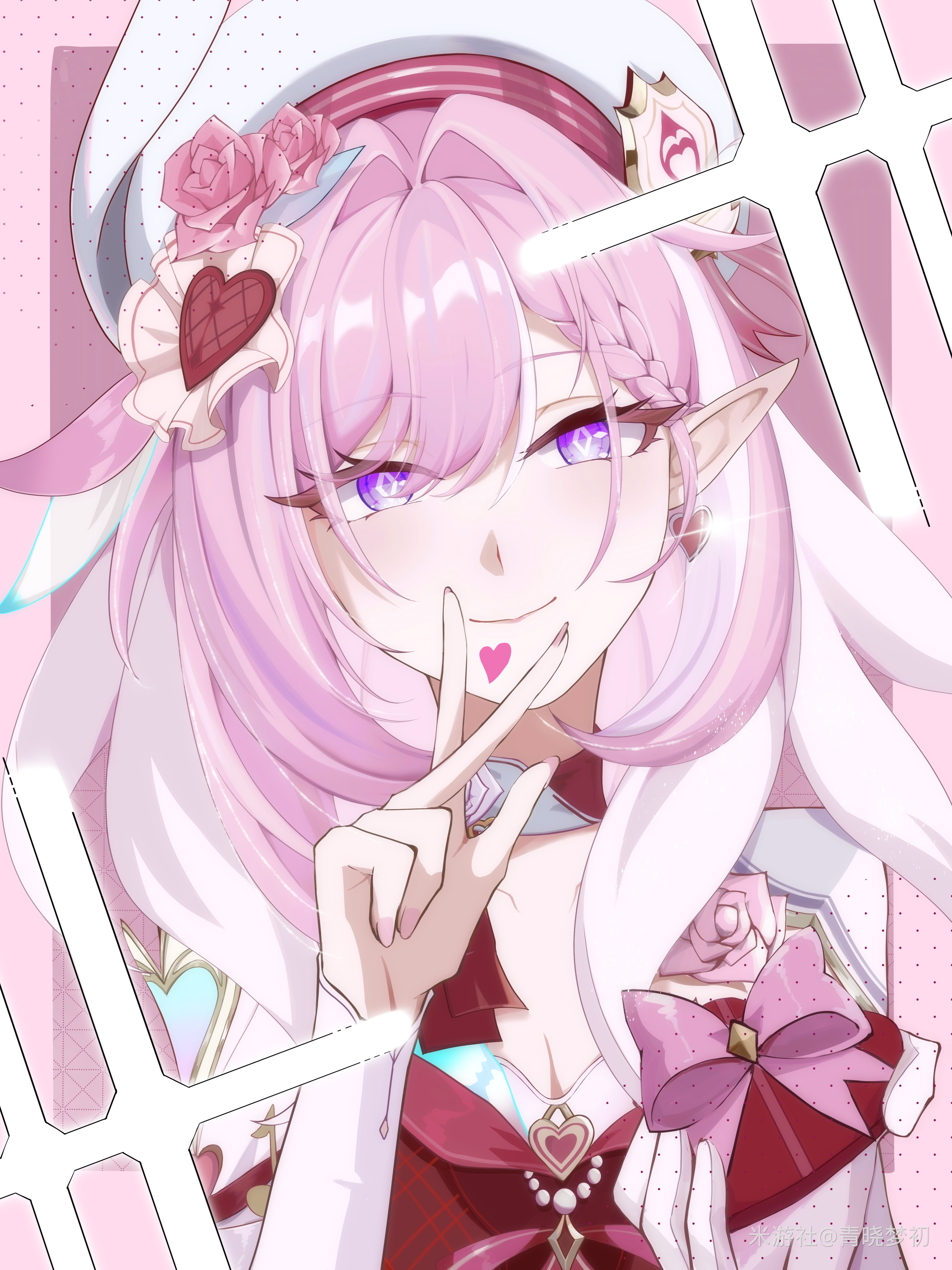 elysia (hi love elf) (honkai impact), elysia (honkai impact), honkai (series), honkai impact 3rd, absurdres, chinese commentary, commentary request, highres, 1girl, beret, border, breasts, cleavage, diamond-shaped pupils, diamond (shape), dress, earrings, elf, hat, heart, heart earrings, jewelry, large breasts, long hair, looking at viewer, miyoushe watermark, multicolored hair, pink border, pink hair, pointy ears, purple background, purple eyes, qing xiao meng chu, red dress, smile, solo, symbol-shaped pupils, two-tone hair, upper body, very long hair, watermark, white hair