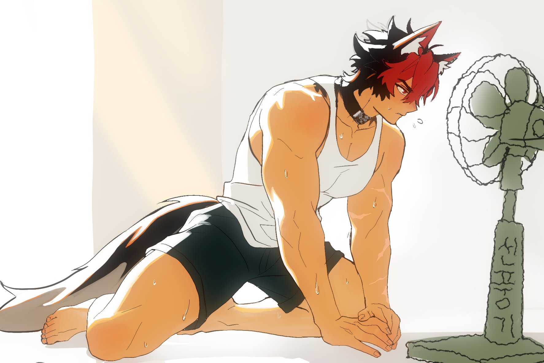 komano manato, zenless zone zero, hashtag-only commentary, highres, 1boy, animal ears, barefoot, black choker, black hair, black shorts, choker, dog boy, doyo1018, electric fan, full body, hot, male focus, multicolored hair, muscular, muscular male, pectoral cleavage, pectorals, red hair, scar, scar on arm, shorts, solo, tail, tank top, toes, two-tone hair, white tank top