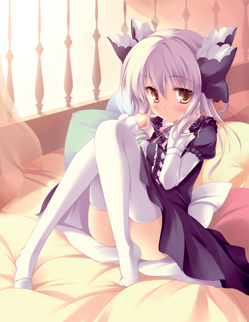 bed, blush, bow, curly hair, frills, hair bow, lace, purple hair, short hair, sitting, thighhighs, yellow eyes