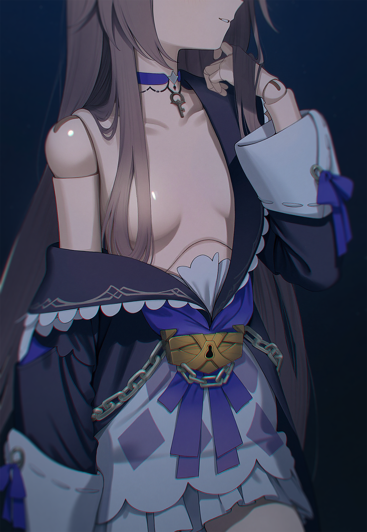 poki (j0ch3fvj6nd), herta (honkai: star rail), herta (puppet) (honkai: star rail), honkai: star rail, honkai (series), ai-assisted, commentary request, highres, 1girl, bare shoulders, blue background, breasts, brown hair, chain, choker, collarbone, cowboy shot, doll joints, gradient background, hair over breasts, hair over one breast, head out of frame, joints, key, key choker, light smile, long hair, off shoulder, purple choker, small breasts, solo