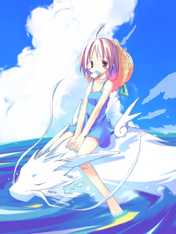 asami natsuhito, original, archived source, bad link, lowres, 1girl, ahoge, bare arms, bare shoulders, blue dress, blue sky, blue theme, blush stickers, breasts, brown eyes, brown hair, closed eyes, cloud, collarbone, creature, cumulonimbus cloud, day, dress, food, food in mouth, gari gari-kun, green ribbon, hat, hat on back, hat ribbon, long legs, looking at viewer, ocean, outdoors, popsicle, popsicle in mouth, ribbon, riding, short dress, short hair, sky, small breasts, spiked hair, straw hat, sun hat, sundress, unworn hat, unworn headwear, white wings, wings, yellow hat