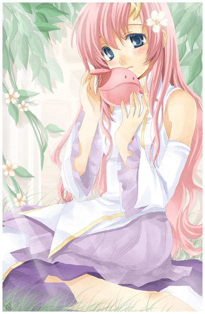 lacus clyne, gundam, gundam seed, gundam seed destiny, 00s, blue eyes, blush, detached sleeves, long hair, pink hair, sitting