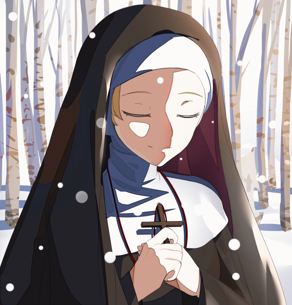 lumpychan, original, animated, animated gif, commentary, english commentary, looping animation, 1girl, black dress, blonde hair, breasts, closed eyes, cross, dress, forest, holding, holding cross, medium breasts, nature, nun, smile, snow, snowing, solo, upper body