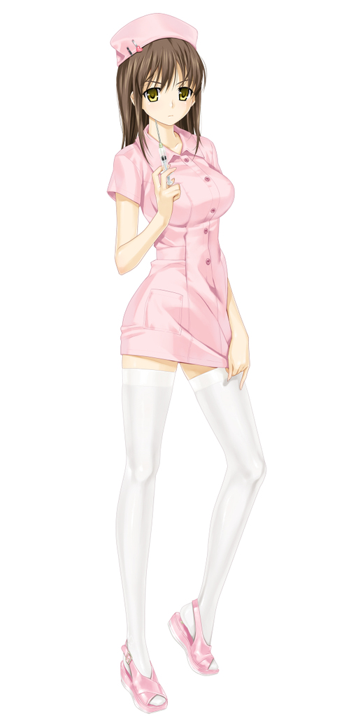 daimonji emi, zettai shougeki, 00s, 1girl, breasts, brown hair, collarbone, dress, female focus, full body, long hair, nurse, sandals, shoes, simple background, solo, standing, syringe, thighhighs, white background, yellow eyes, zettai ryouiki