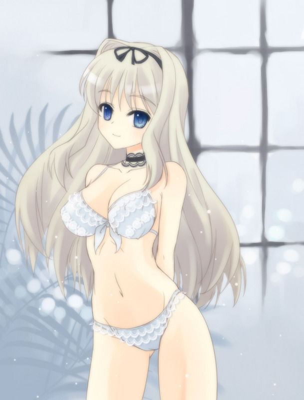 kusugawa sasara, to heart (series), to heart 2, 00s, blonde hair, blue eyes, bra, breasts, cleavage, hair ribbon, lingerie, long hair, navel, ribbon, smile, thighhighs, underwear