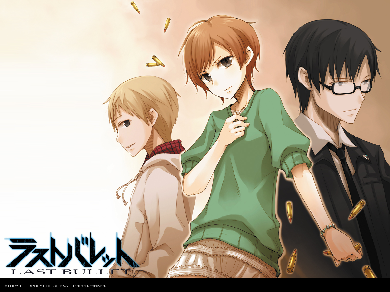 ayakura juu, sakuma tsukasa, hibiki karin, sakai daiki, last bullet, highres, official art, official wallpaper, 1girl, 2boys, bracelet, brown hair, glasses, jewelry, multiple boys