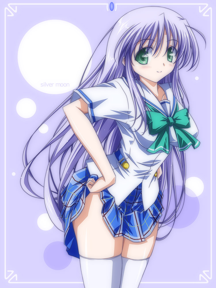 kikuchi tsutomu, feena fam earthlight, yoake mae yori ruri iro na, green eyes, long hair, purple hair, school uniform, solo, thighhighs