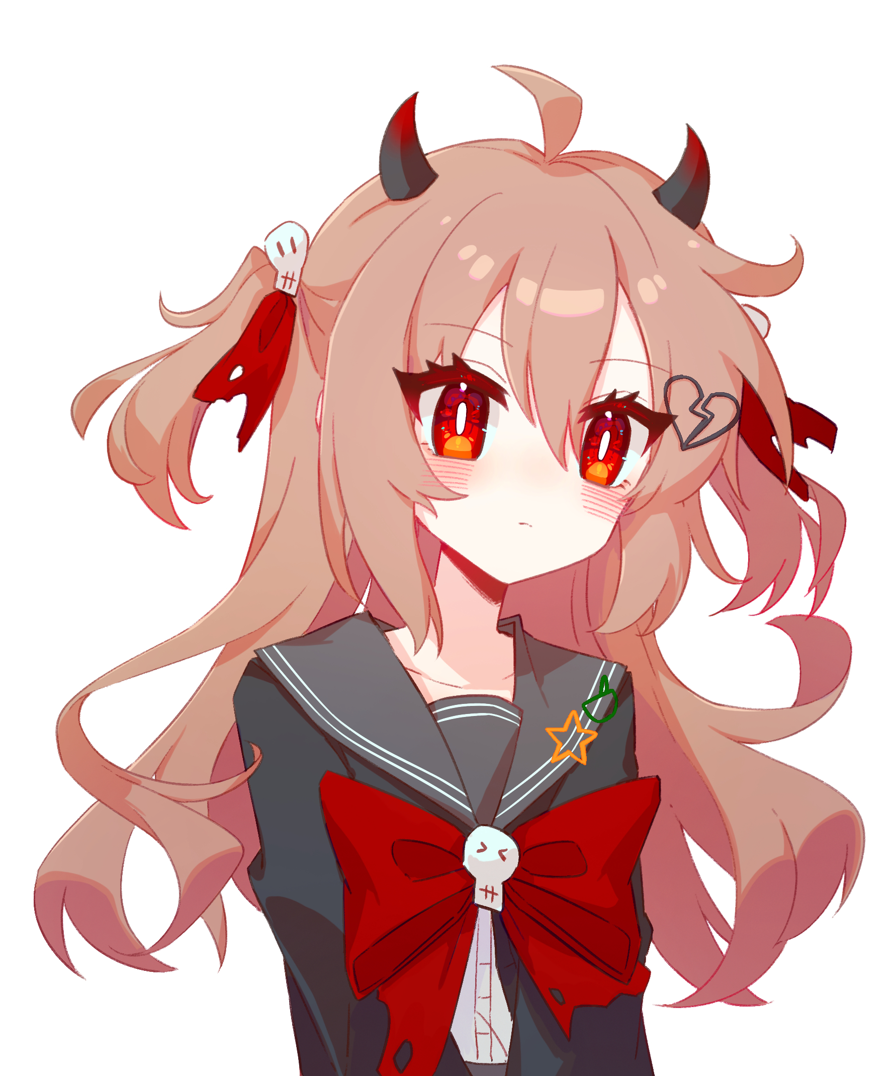 evil neuro-sama, neuro-sama, commentary request, highres, 1girl, ahoge, black cardigan, black horns, black sailor collar, bow, bowtie, broken heart, broken heart hair ornament, brown hair, cardigan, closed mouth, demon horns, from side, hair between eyes, hair ribbon, heart, horns, long hair, red bow, red bowtie, red eyes, red ribbon, ribbon, sailor collar, simple background, solo, torn hair ribbon, two side up, upper body, user hmyv8473, vedal ai, virtual youtuber, white background