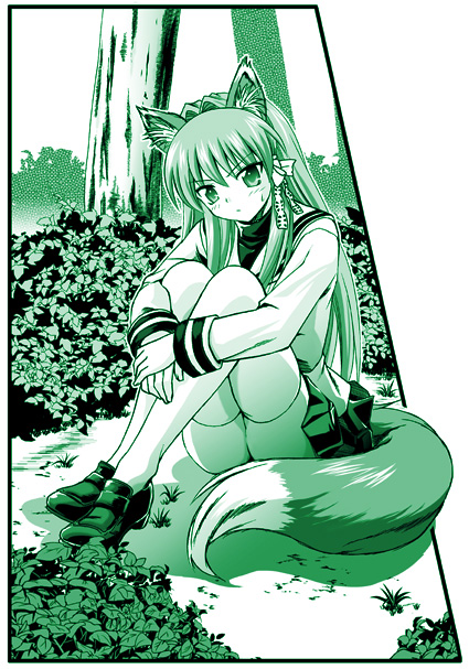 naka noboru, fujibayashi kyou, clannad, bad id, bad pixiv id, 00s, 1girl, animal ears, female focus, fox ears, fox tail, green theme, monochrome, sitting, solo, tail, thighhighs