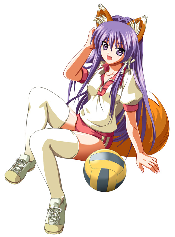 naka noboru, fujibayashi kyou, clannad, eyebrows, bad id, bad pixiv id, 00s, 1girl, animal ears, ball, buruma, female focus, fox ears, fox tail, gym uniform, legs, long hair, matching hair/eyes, open mouth, purple eyes, purple hair, shoelaces, shoes, sneakers, solo, tail, thighhighs, volleyball, volleyball (object), white thighhighs