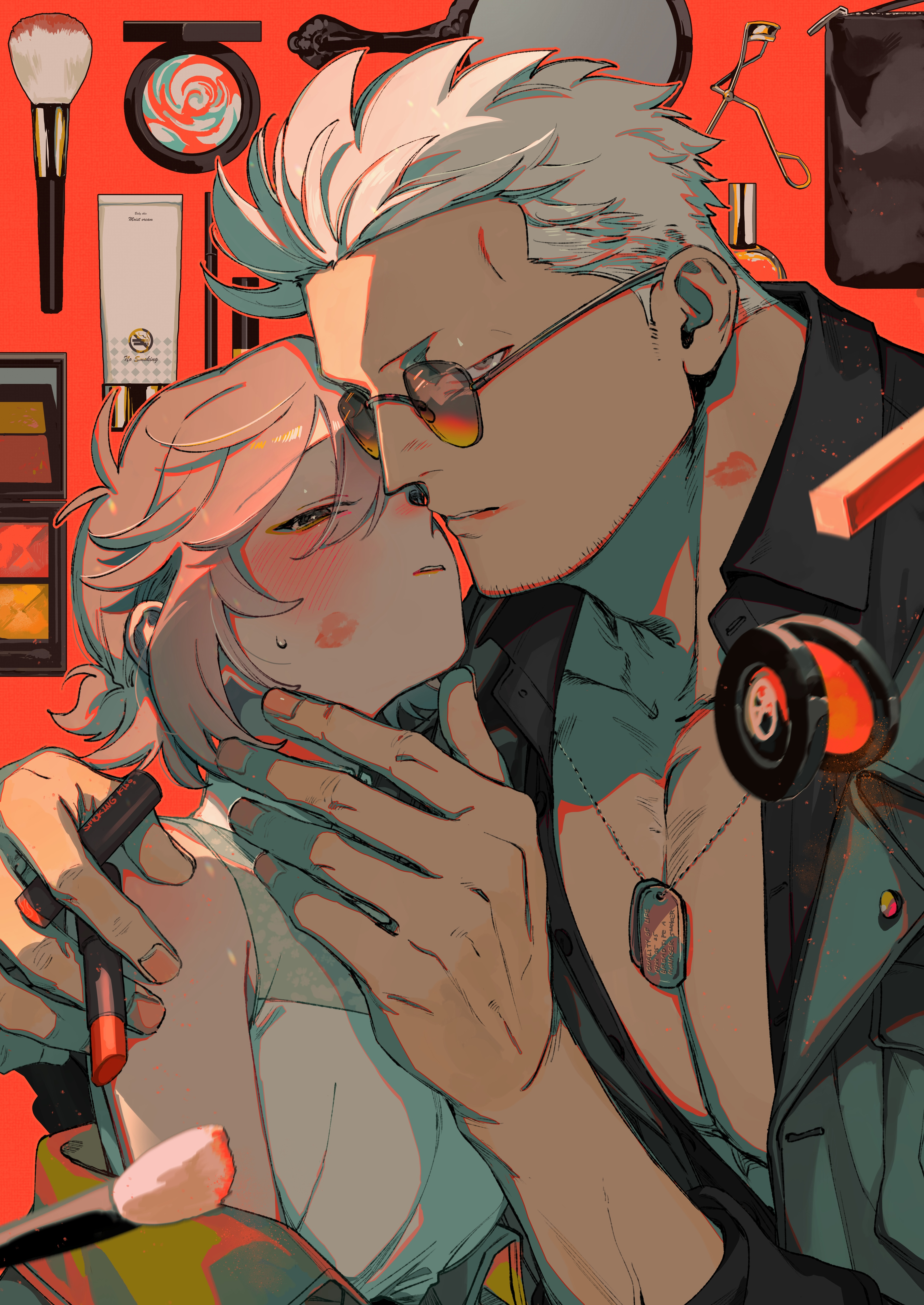 kabane (rjev8385), smoker (one piece), one piece, original, absurdres, commentary request, highres, 1boy, 1girl, antenna hair, beard stubble, black bag, black shirt, blush, collarbone, cosmetics, couple, dog tags, facial hair, grey-framed eyewear, grey hair, grey jacket, hair between eyes, half-closed eyes, hand mirror, hand on another's chin, hetero, holding, holding lipstick tube, jacket, jacket partially removed, lipstick, lipstick mark, lipstick mark on cheek, lipstick mark on neck, lipstick tube, looking at viewer, lotion bottle, makeup, makeup brush, makeup palette, mascara wand, mirror, oc x canon, open clothes, open jacket, open shirt, parted lips, ponytail, red background, shirt, short hair, short ponytail, sleeveless, sleeveless shirt, smeared lipstick, stubble, sunglasses, tinted eyewear, tweezers, white hair, white shirt