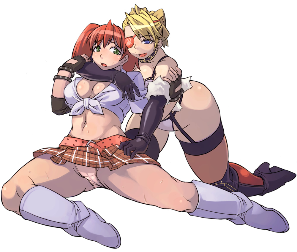 kawacchi hirohiro, candy cane (rumble roses), miss spencer, rumble roses, 2girls, blonde hair, blue eyes, boots, breasts, cameltoe, dominatrix, elbow gloves, eyepatch, garter belt, gloves, green eyes, large breasts, medium breasts, multiple girls, panties, plaid clothes, plaid skirt, plump, red hair, skirt, sleeves rolled up, thighhighs, underwear, upskirt, you gonna get raped