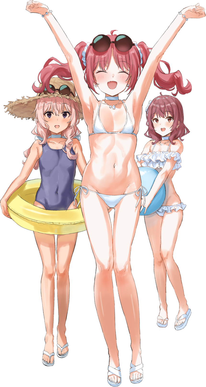 ata (tsumari), original, commentary request, highres, 3girls, :d, o/, ^ ^, ahoge, armpits, arms up, ball, beachball, bikini, blue one-piece swimsuit, blush, bracelet, breasts, choker, closed eyes, collarbone, covered navel, earrings, eyewear on headwear, fang, frilled bikini, frills, groin, hair ornament, hair scrunchie, happy, hat, holding, holding ball, holding beachball, holding swim ring, innertube, jewelry, medium hair, multiple girls, navel, necklace, one-piece swimsuit, open mouth, outstretched arms, pink hair, red hair, sandals, scrunchie, side-tie bikini bottom, simple background, small breasts, smile, straw hat, string bikini, stud earrings, sunglasses, swim ring, swimsuit, teeth, twintails, upper teeth only, white background, white bikini, white choker
